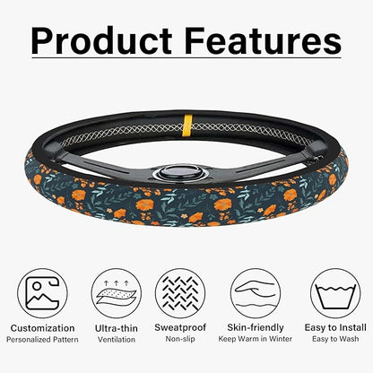 Orange Wildflowers Steering Wheel Cover, Cute Print Steering Wheel Cover Protector, Ultra Thin Breathable Non-Slip, Car Accessories for Women, for Steering Wheel with a Diameter of 14.5"-15"