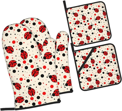 Ladybugs Oven Mitts and Pot Holders 4 Pcs Set Oven Gloves and Potholders for Cooking Microwave BBQ Baking Grilling