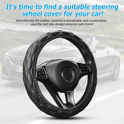 Car Steering Wheel Cover, PU Leather Non-Slip Lantern Pattern Vehicle Steering Wheel Cover Protection, Breathable Automotive Interior Protecter Accessories, Universal Fit (Black)