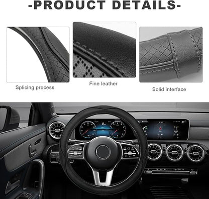 Car Steering Wheel Cover, 15 Inch Anti-Slip Breathable Leather Auto Steering Wheel Protector, Full Surround Soft Steering Wheel Cover for Men Women, Car Interior Accessories (Black)