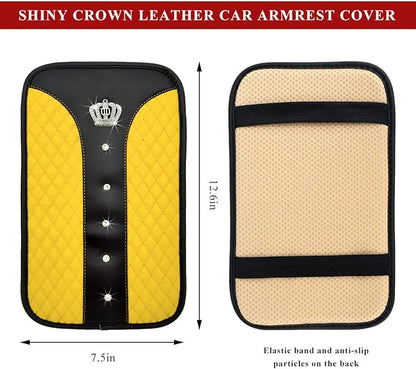 Bling Leather Car Center Console Cover, Anti-Slip Crown Armrest Seat Box Cushion Pad with Rhinestones, Waterproof Crystal Arm Rest Protector Interior Decor for Most Vehicles (Yellow)