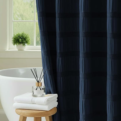 Lameirose Extra Long Navy Blue Shower Curtain Farmhouse,72 x 78 Cotton Blend Waffle Tufted Striped Chic Textured Fabric Shower Curtain for Bathroom, Hotel