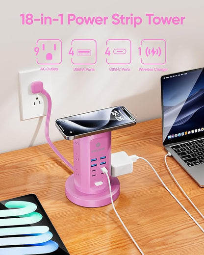 Power Strip Tower, kakyanill Surge Protector Tower 9 AC Outlets 8 USB, 6 Ft