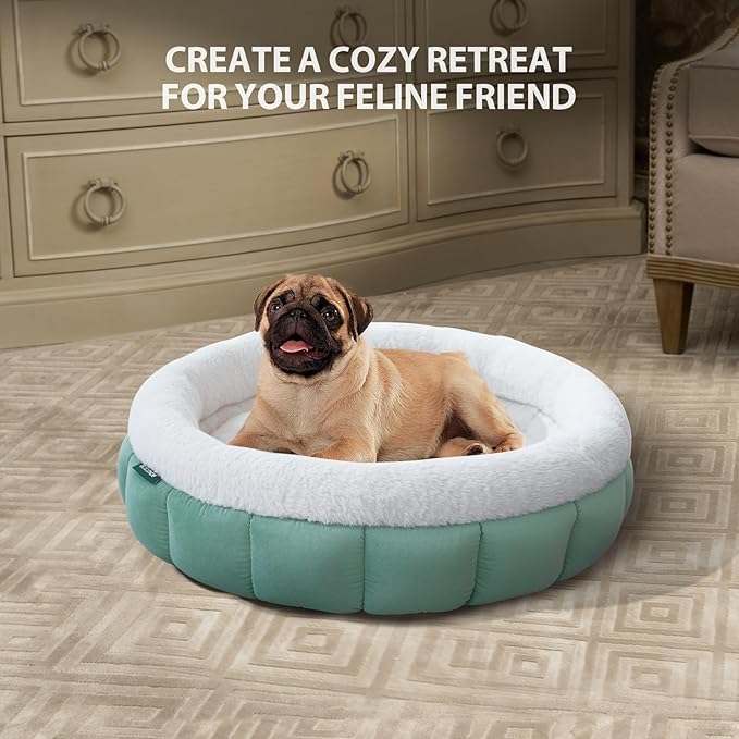 BALANCE Cat Beds for Indoor Cats, Washable Round Cat Bed, Cute Kitten Bed with Anti-Slip Bottom for Kitty and Puppy, 23 Inches, Granite Green