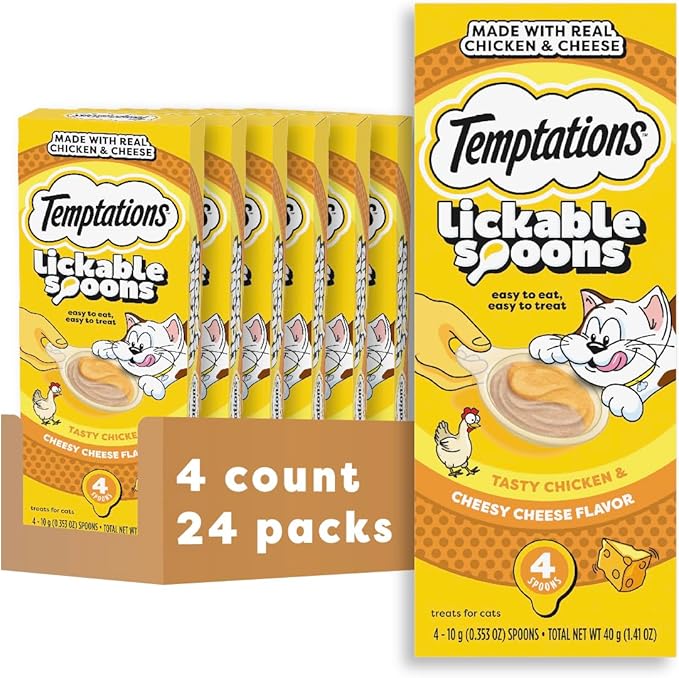 Temptations Lickable Spoons Adult Wet Cat Treat, Tasty Chicken and Cheesy Cheese Flavor, 4 Spoons, Pack of 24 (96 Total)