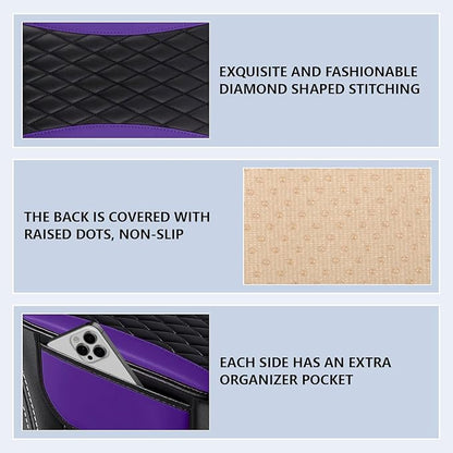 Leather Car Center Console Cover,Upgraded Center Console Cushion Pad with Side Pockets,Patchwork Arm Rest Cover for Car,Waterproof Armrest Seat Box Covers,Universal for Most Vehicles (Purple)