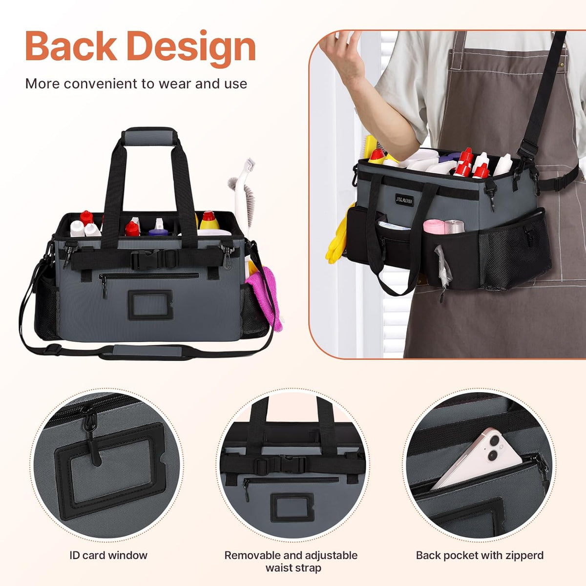 Large Wearable Cleaning Caddy Bags,Cleaning Supplies Storage Bag with Handles and Adjustable Shoulder Strap and Removable Waist Straps,Waterproof Cleaning Bags for Home,Car,Office (Gray)