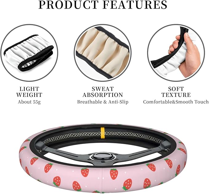 Pink Strawberry Steering Wheel Cover Neoprene Universal 15 Inches Car Steering Wheel Protector for Women Men