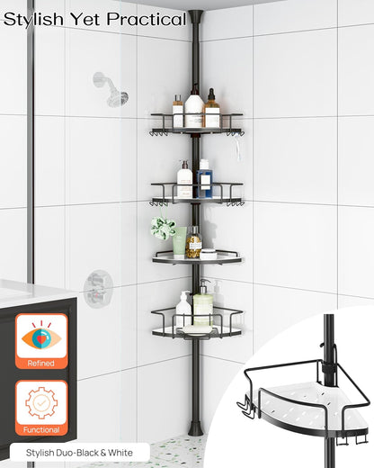 ALLZONE Corner Shower Caddy Tension Pole – Rust-Free Stainless Steel Shower Organizer with Adjustable Storage Shelves, Drill-Free Installation, Quick Setup, Extends from 34 to 116 Inches