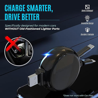 2-in-1 Retractable Charger for Car iPhone and Android, Wall Outlet or PC | Modern Car Charger Retractable Cord | 15W Fast Charging | Does not Work with CarPlay