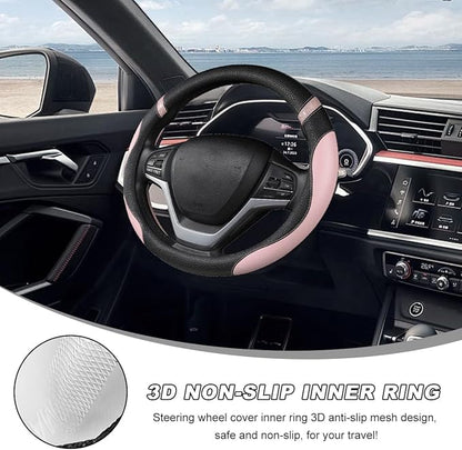 Car Steering Wheel Cover, 15 Inch Premium Leather Breathable Non-Slip Wheels Wrap, Universal Auto Comfortable Steering Wheel Protector for SUV Truck Van, Car Accessories (Pink)