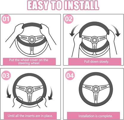 Wuyaoyao Fuzzy Car Steering Wheel Cover, 15'' Soft Auto Steering Wheel Protector for Warm Winter, Elastic Anti-Slip Fluffy Wheel Covers, Universal Car Accessories for Women and Men (Pink)