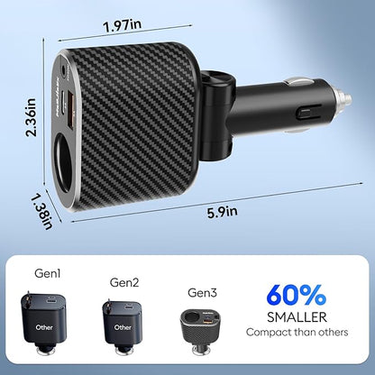 180W Retractable Car Charger Cigarette Lighter Splitter, Fast Charging Socket with Replaceable Fuse, Dual Cables for Type-c&Lightning Cord Fits for Dash Cam/Laptop/iPad/iPhone/Galaxy
