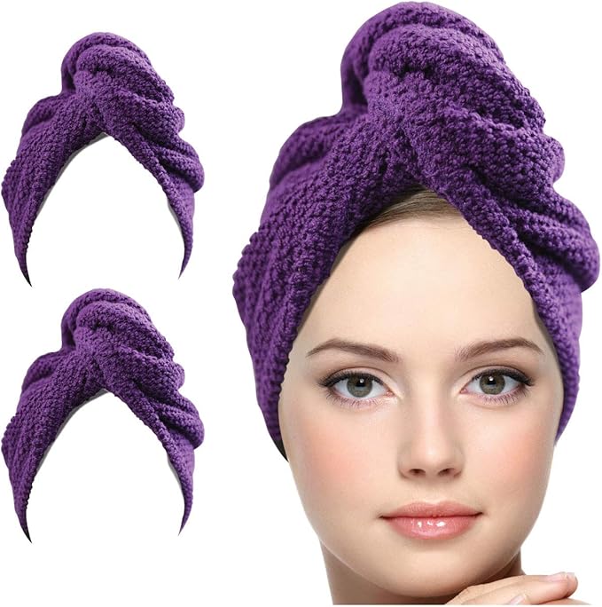 KEEPOZ Hair Towel Wrap Quick Dry 100% Cotton Super Absorbent Turban Head Wrap for Women with Button, Non Microfiber Anti Frizz Hair Products, Hair Cap for Curly, Long Hair (Purple Check, 2 Pcs)
