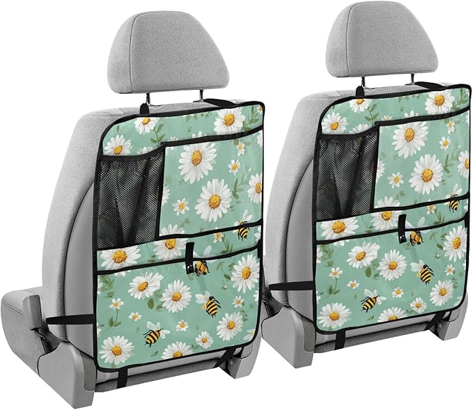 1 Pack Back Seat Car Organizer with Storage Pockets Kick Mats Back Seat Protector Hanging Car Organizer Automotive Seat Back Cover Organizers Mint Green Daisy Flowers and Bees