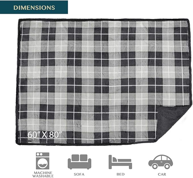 PAVILIA Waterproof Blanket for Couch, Sofa | Waterproof Dog Blanket for Large Dog, Puppy, Cat | Pet Blanket Protector | Plush Soft Warm Fuzzy Sherpa Blanket Bed Throw, Plaid Grey, 60x80