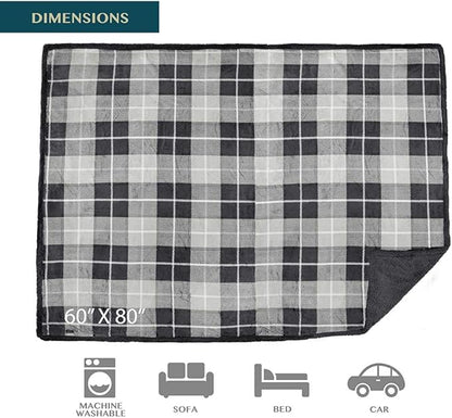 PAVILIA Waterproof Blanket for Couch, Sofa | Waterproof Dog Blanket for Large Dog, Puppy, Cat | Pet Blanket Protector | Plush Soft Warm Fuzzy Sherpa Blanket Bed Throw, Plaid Grey, 60x80