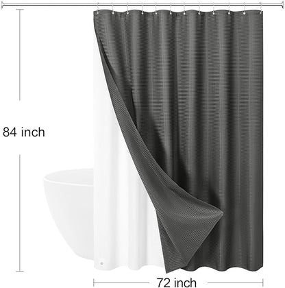 Craidlela 3 in 1 Extra Long Charcoal Grey Shower Curtain Set-72 W x 84 H, Modern Waffle and PEVA Liner Set with 12 Stainless Steel Hooks, Waterproof Fabric for Bathroom