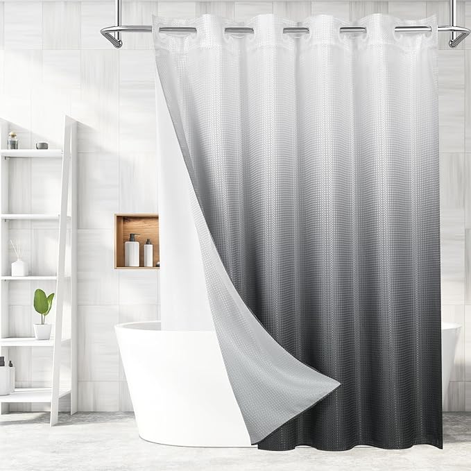 MitoVilla No Hooks Needed Grey Ombre Waffle Shower Curtain Liner Set, Modern Waffle Weave Heavy Duty Fabric Cloth Shower Curtain with Snap-in Liner for Luxury Neutral Hotel Spa Bathroom Decor, 72 x 74