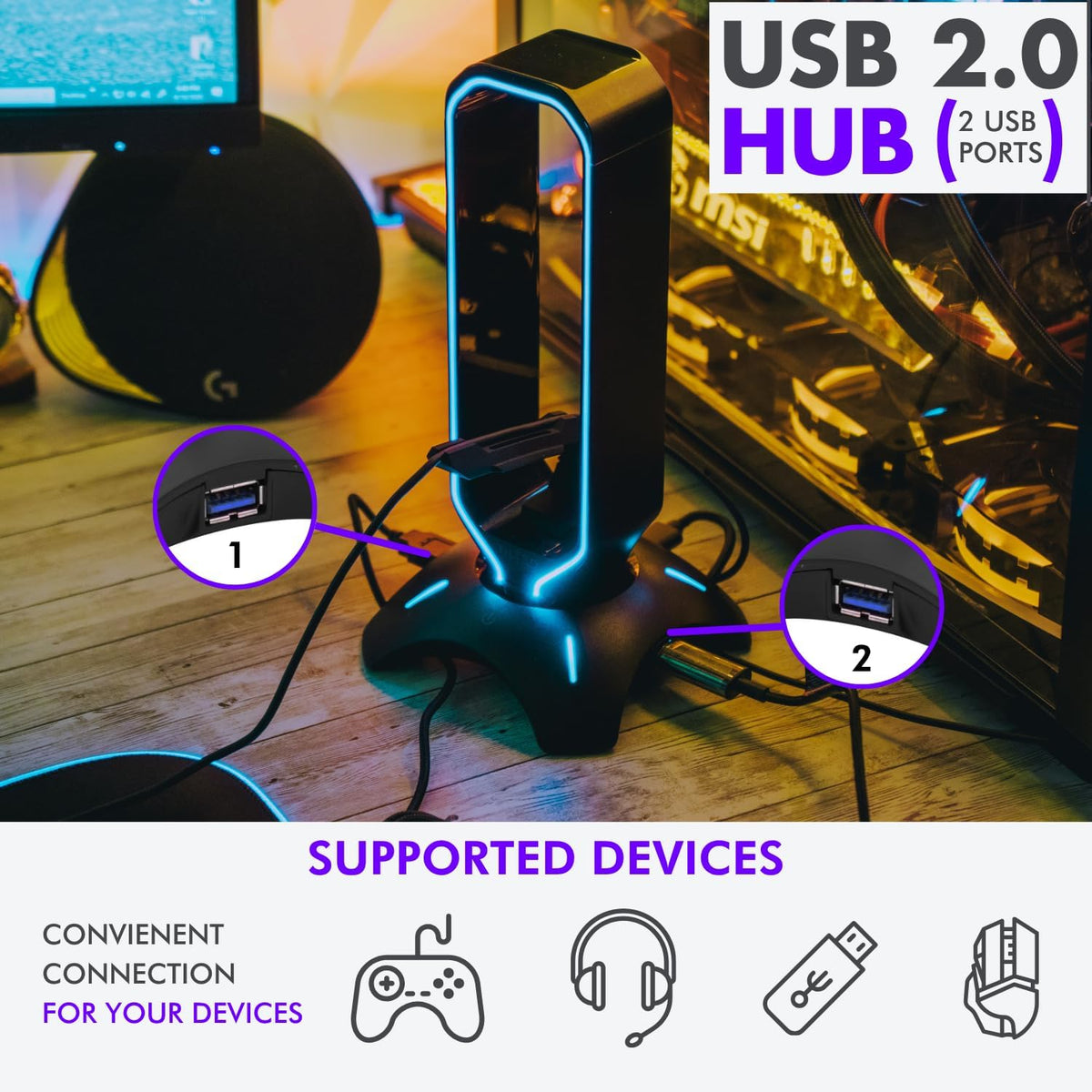 Tilted Nation Gaming Headset Stand | RGB Headphone Stand for Desk with Mouse Bungee and USB Hub (Cool and Clean Setup) Gaming Headset Holder - Perfect Gamer Gift Accessory