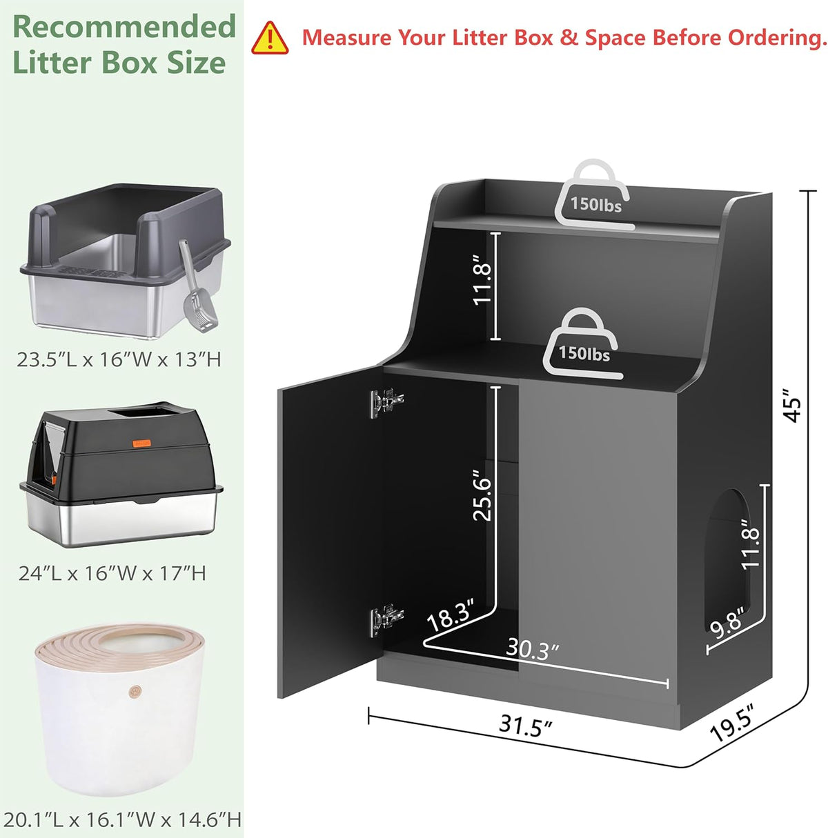 Large/Tall Litter Box Enclosure, Modern Wooden Litter Box Furniture for XL Litterbox with Open Shelf as Sideboard Cabinet (Black)