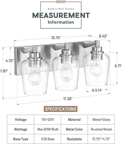 METWET Bathroom Light Fixtures, 3-Light Modern Vanity Light