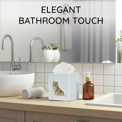 EmbroideryLinen.VN Tissue Box Cover Set of 2, Square Linen Tissue Holder, Printed Animal Pattern, 4.5x4.5x5.5 Inches, Decorative Holder for Bathroom, Living Room, Office (Dog - Ivory)