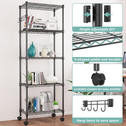 Himimi 5-Tier Wire Shelving Unit on Wheels, Adjustable Heavy Duty Metal Shelves with Side Hooks, Metal Organization Wire Rack for Kitchen Garage Basement, 13" L x 23" W x 72" H, Black
