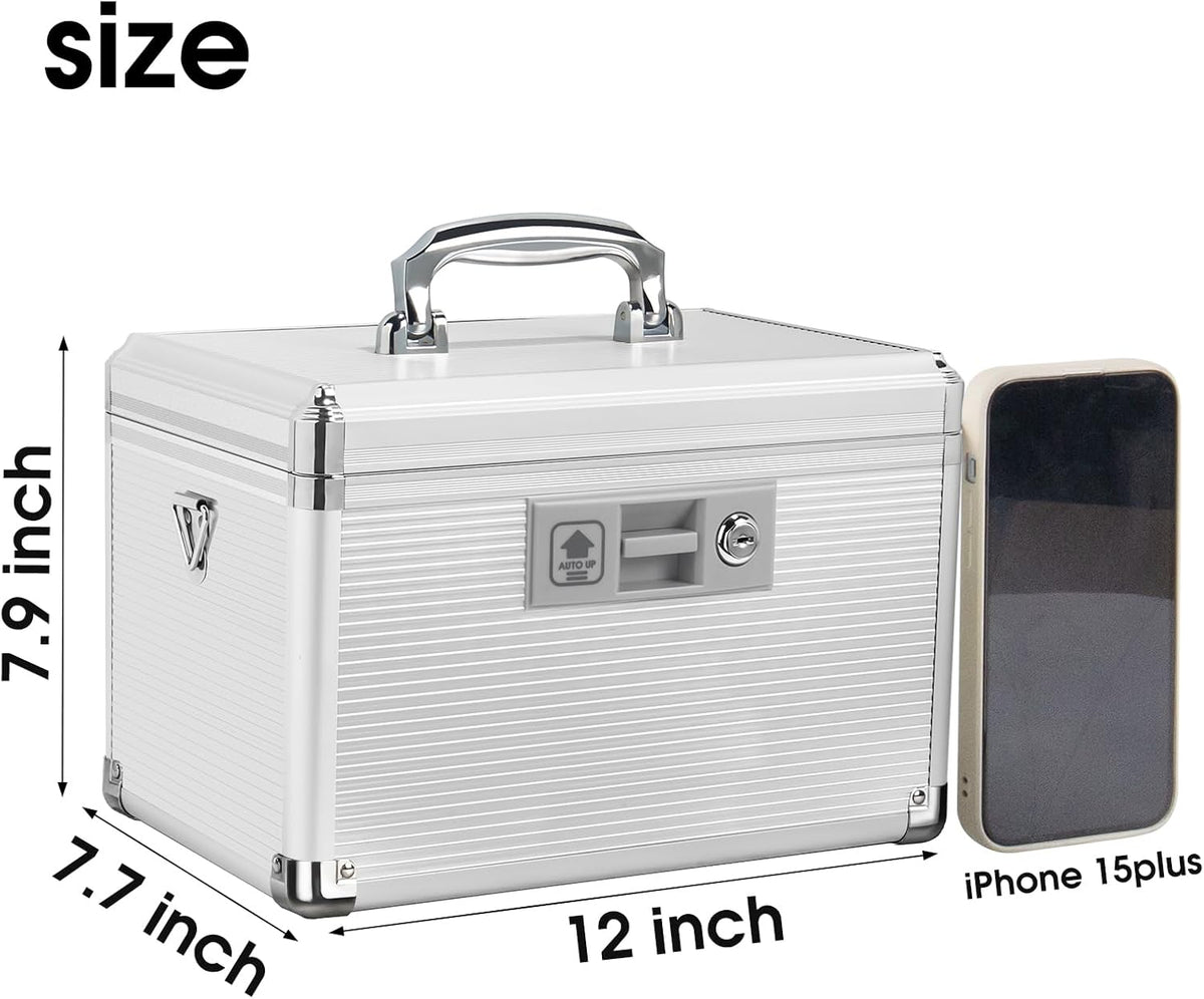 Medicine Lock Box with Key, Alluminum Alloy Box for Medication,First Aid Box with a Removeable Tray to Store Medicines & Pills for Home, Silver 12 * 7.68 * 7.87 Inch