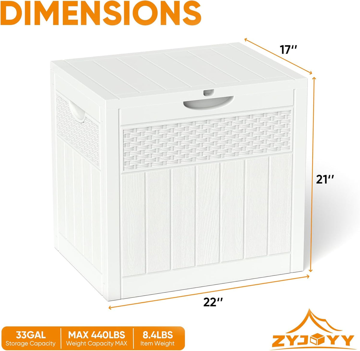 ZYJOYY 33 Gallon Resin Deck Box, Weatherproof Outdoor Storage Box for Patio, Garden and Yard, Lockable Waterproof Bin for Tools, Cushions, and Accessories, White