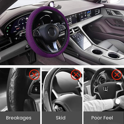 Elastic Stretch Car Steering Wheel Cover, Comfortable Steering Wheel Cover Universal for 14.5-15 Inch, Warm in Winter & Cool in Summer, Anti-Slip Breathable Ice Silk (Purple)