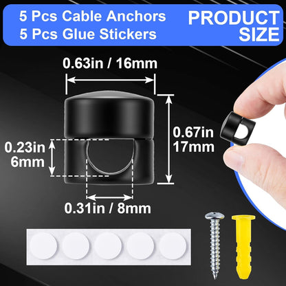 5 Sets Charger Holders for Cords, Matte Black Color Adjustable Cable Anchor Holders, Adhesive Metal Cord Clips, Cable Management Wire Organizers for Desk, Office, Nightstand