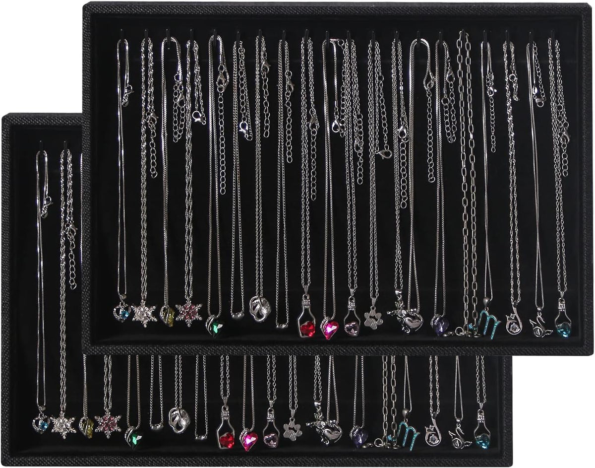 Julysky 2 Pcs/set Stackable Jewelry Organizer Trays，Necklace Tray+Necklace Tray, Jewelry Displays for Selling,Black