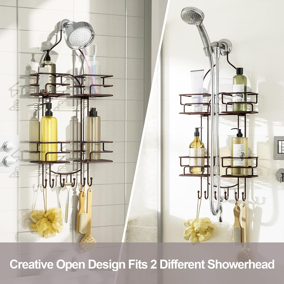 SRIWATANA Shower Caddy Organizer Hanging Over Head, Bathroom Shower Rack Hanger with Hooks for Razors - Bronze