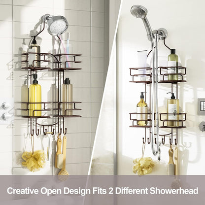 SRIWATANA Shower Caddy Organizer Hanging Over Head, Bathroom Shower Rack Hanger with Hooks for Razors - Bronze