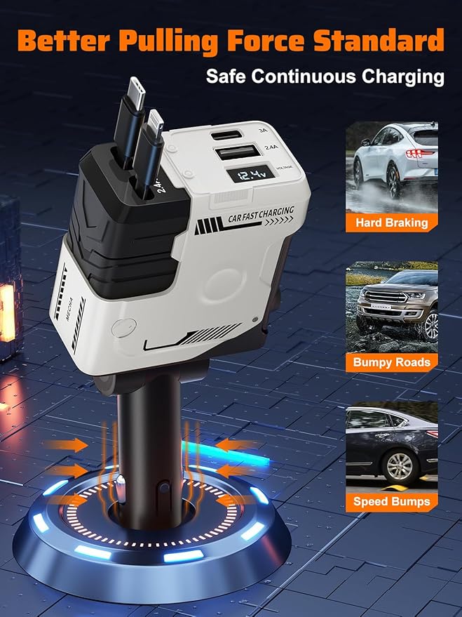 Retractable Car Charger with Retractable Cables (31.5 inch), 4 in 1 Super Fast Car Phone Charger, 2 USB Ports Car Charger Adapter, Compatible with iPhone 15 14 13 12 11 Pro Max, iPad, Pixel