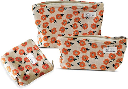 HAPPYHEIDI Makeup Bag Set 3 Cosmetic Toiletry Organizer Zipper Pouch for Purse Tote, Women Girls Gift, Large Medium Small, Beige Orange Floral Corduroy