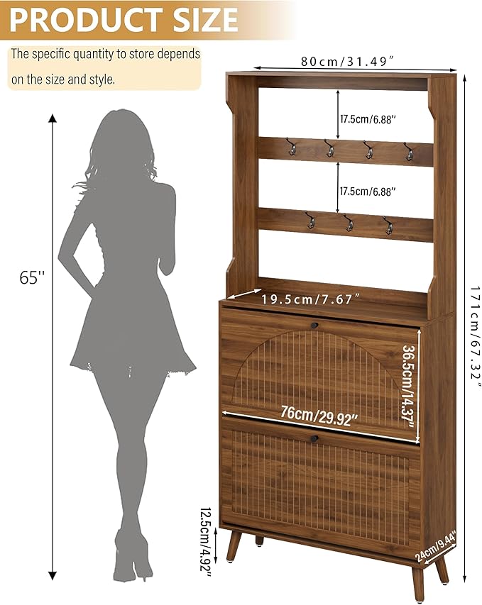 Shoe Cabinet for Entryway with 2 Flip Drawers & Coat Rack, Narrow Hidden Shoe