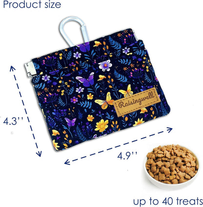 Dog Treat Pouch, Pocket Sized Pet Training Pouch, Cotton Fabric, Hand Free Purple Flower Dog Walking Bag with Carabiner, Self-Closing Pet Feed Snack Reward, for Puppy Travel or Outdoor Use
