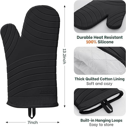 Beneno Heat Resistant Silicone Oven Mitts BPA-Free, Non-Slip Textured Grip & Quilted Cotton Lining, Waterproof Kitchen Mitt 2-Pack Set, 7"x13", Black