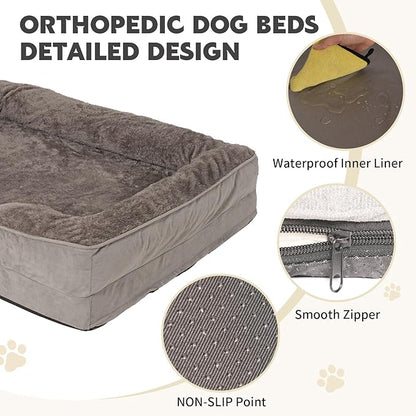 Dog Bed Waterproof Medium/Large Sized XL Foam Pet Beds Removable Washable Cover Dog Sofa Egg Crate Foam Support with Zipper Bottom Bolster Deluxe Plush Mat (34.6x26x7.5in+Grey)