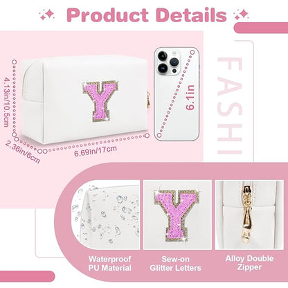 Small Initial Patch Makeup Bag Personalized Gifts Make Up Bag,White Cute PU Leather Glitter Letter Cosmetic Bag with Zipper,Trendy Portable Travel Toiletry Pouch,Preppy Stuff for Teen Girls Women Y