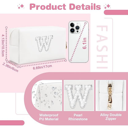 Bride Gifts – Personalized Initial Makeup Bag with Pearl Rhinestone Patch, Preppy White Monogram Cosmetic/Toiletry Pouch, bridesmaid Gifts, Bridal Shower Gifts, Wedding Gifts, Bridal Gifts,W