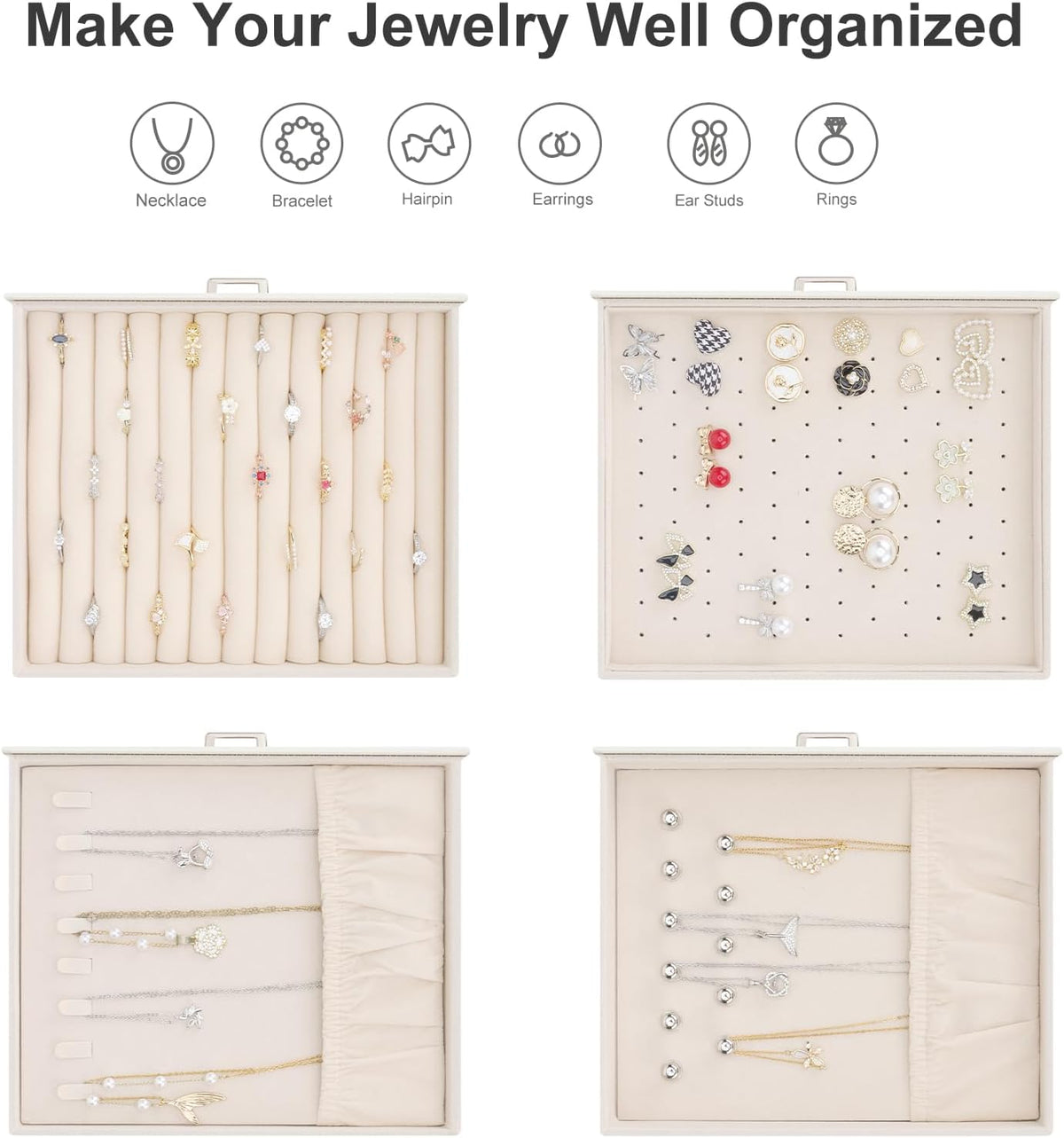 DesignSter Jewelry Box Organizer, Jewelry Box for Women, PU Jewelry Organizer Display Case with Side Drawers, Jewelry Storage for Earring Necklace Ring Bracelet Watch