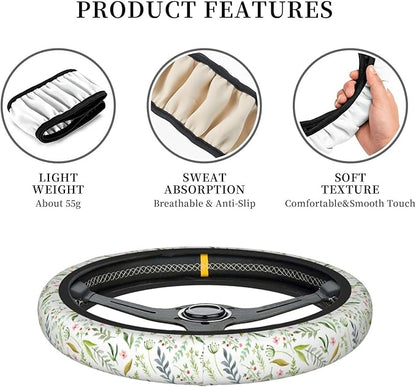 Flowers Leaves Steering Wheel Cover for Women Elastic Rubber Steering Wheel Universal 15 Inch Fit for Cars, Auto, SUVs