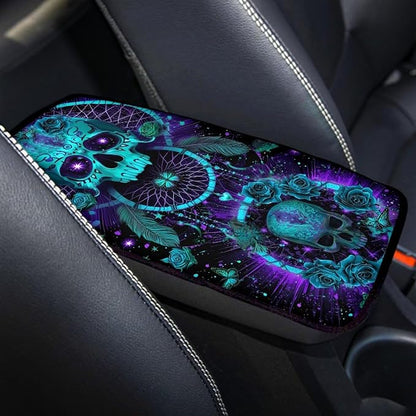 Neoprene Car Center Console Pad Skull Dreamcatcher Print Armrest Cushion Cover Dust-Proof Armrest Seat Box Cover for Most Vehicles Decorative Car Accessories for Women Men