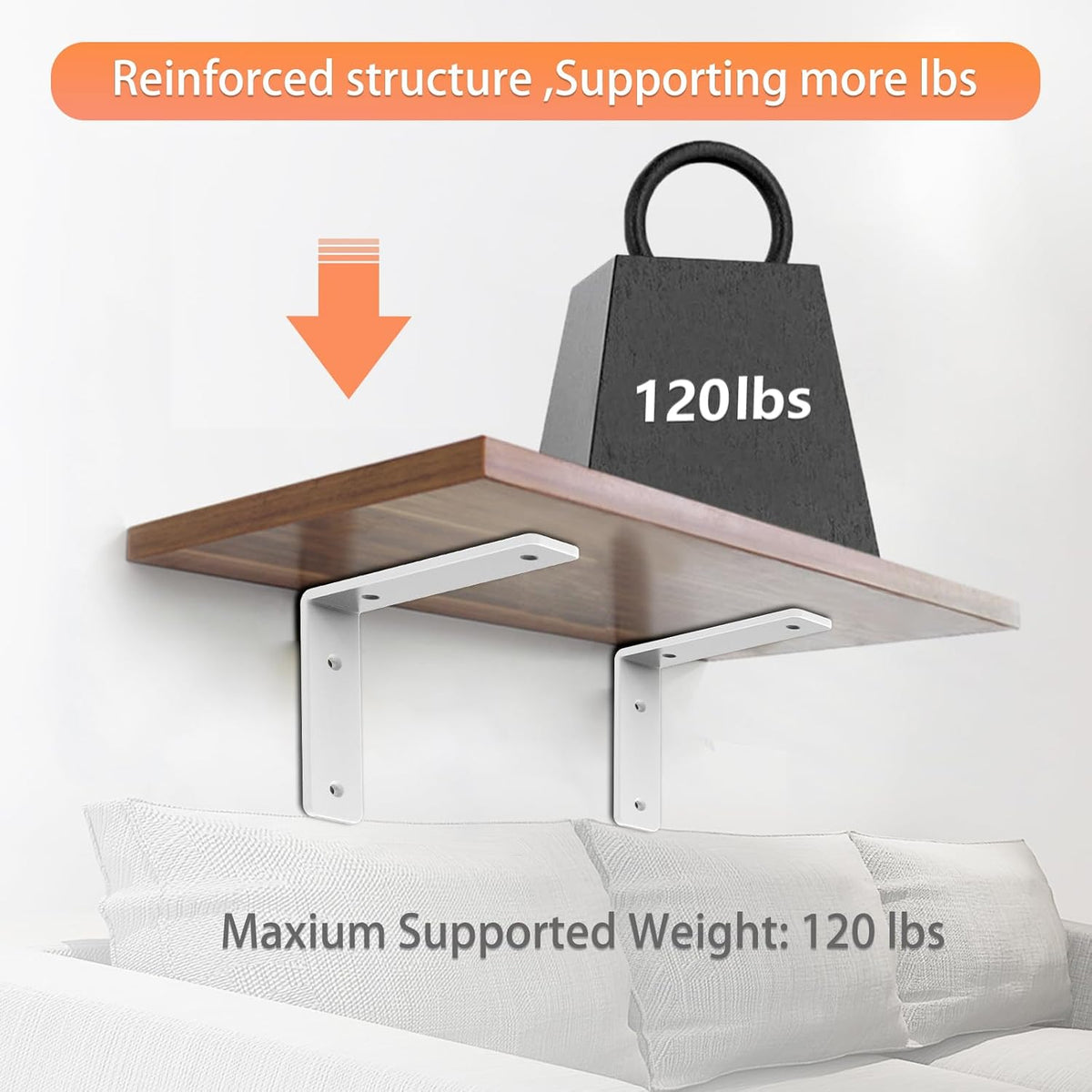 White Heavy Duty Shelf Brackets 12 Inch, Extra Thick L Shelving Brackets, Rustic Gold Iron Floating Shelves Wall Mounted with Hardware for DIY Open Shelving, 4 Pack