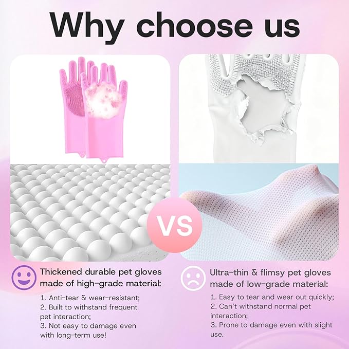 2-Pair Pet Hair Remover Glove for Dogs and Cats Washing, Grooming, & Deshedding – Multipurpose Silicone Dog Bath Gloves, Cat Brush Glove Mitt for Pet Cleaning & Household Use (pink & Blue)
