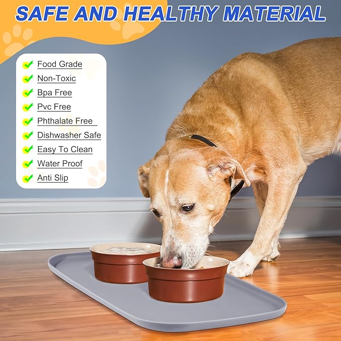 SMILOOL Silicone Pet Feeding Mat with Raised Edge for Food and Water, Dog Bowl Mats, Cat Bowls Placemat with High Lip for Floor Waterproof, Rubber Tray for Cats and Dogs 22 x 14 x0.8 Light Gray