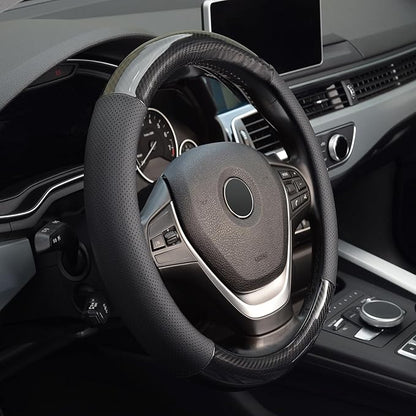 KAFEEK 16 inch Classic Carbon Fiber Steering Wheel Cover Compatible with F150 F250 F350 Ram 4Runner Tacoma Tundra Range Rover, Breathable Microfiber Leather, Black